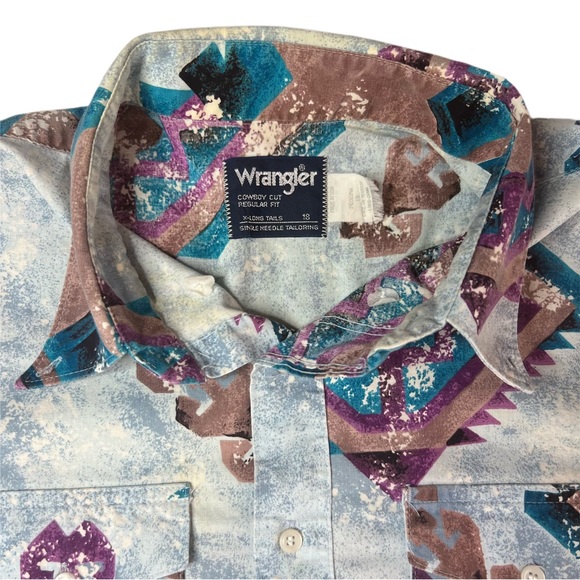Vintage Wrangler Native American Art Short Sleeve Western Shirt XL X-Long Tails - Picture 6 of 7